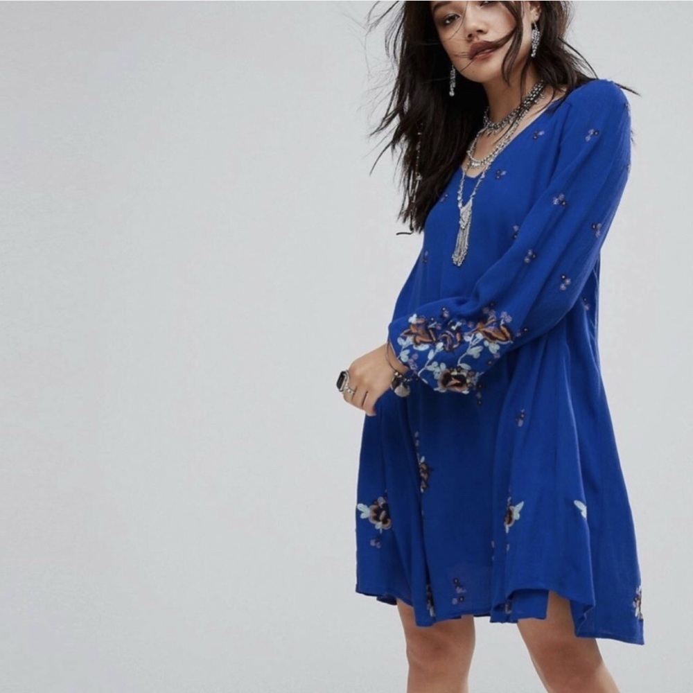 Free People Oxford Embroidered Lined Royal Blue Floral Long Sleeve Swing Dress